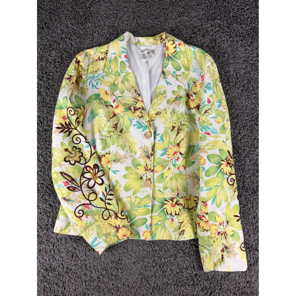 Coldwater Creek Floral Linen Blend Embroidered Blazer Jacket Green Yellow XL